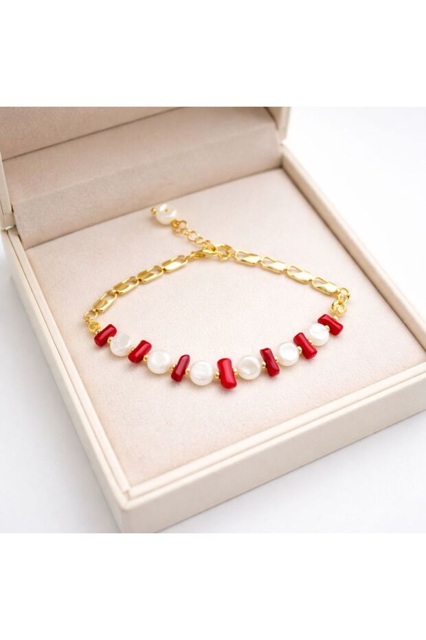 Natural Coral & Stone Steel Design Bracelet – Handmade Stylish Women's Accessory