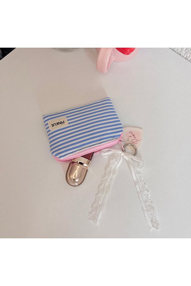 Striped Mini Makeup Bag/ Keychain/ Card Holder Wallet Organizer with Charm Detail