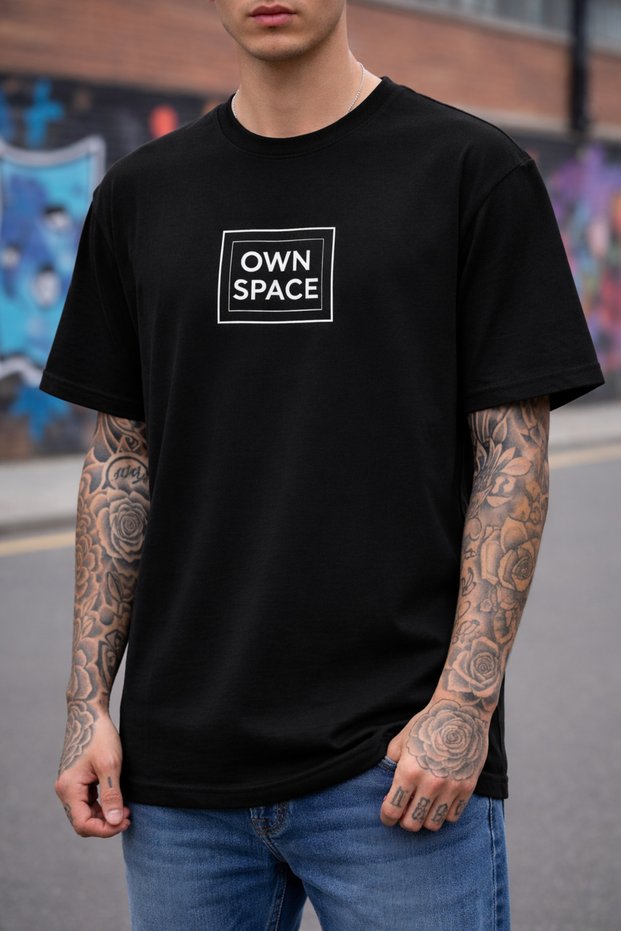 Men's Own Space Written Black T-Shirt 100% Cotton Minimal Streetwear Graphic Tee