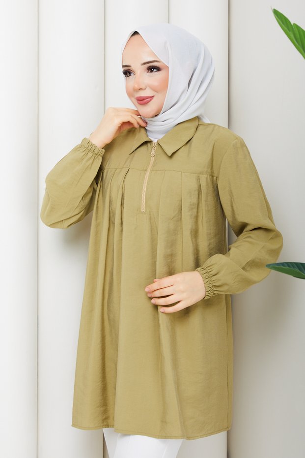 Women's Pleated Zipper Detailed Polo Collar Tunic