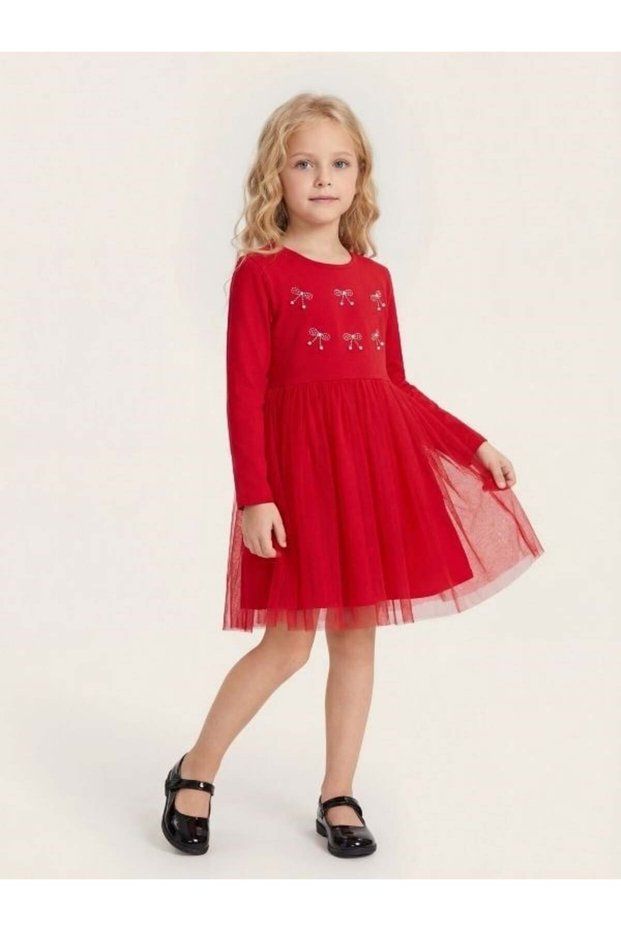 Girl's Long Sleeve Dress with Stone Detail and Tulle Skirt