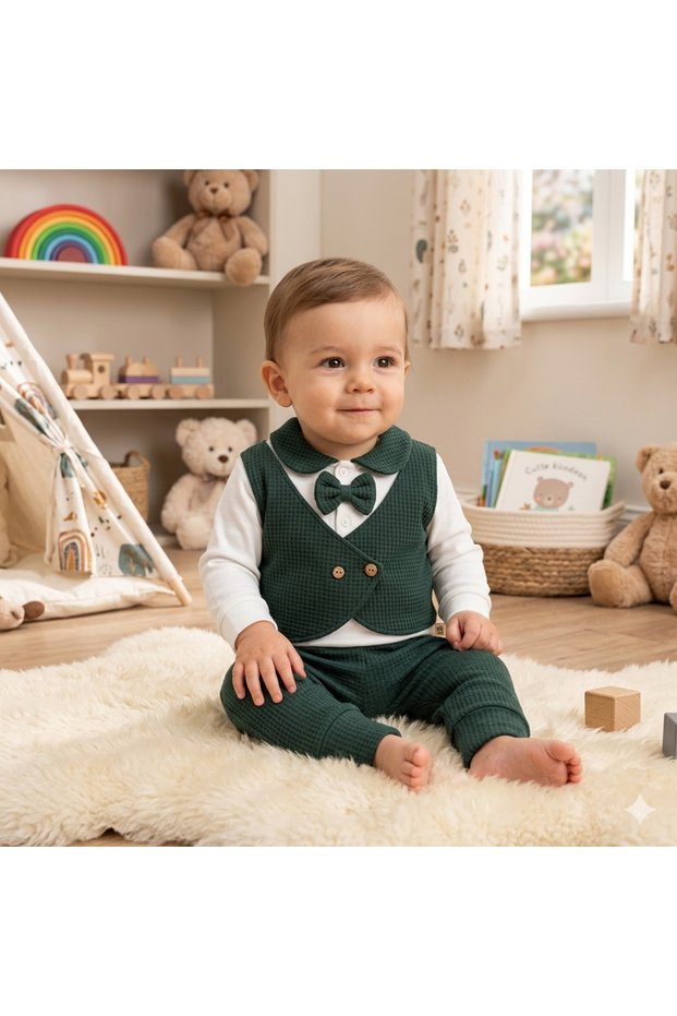 Baby Boy Classic 3-Piece Set with Vest, Bow Tie and Trousers, Stylish Combination 3-12 Months