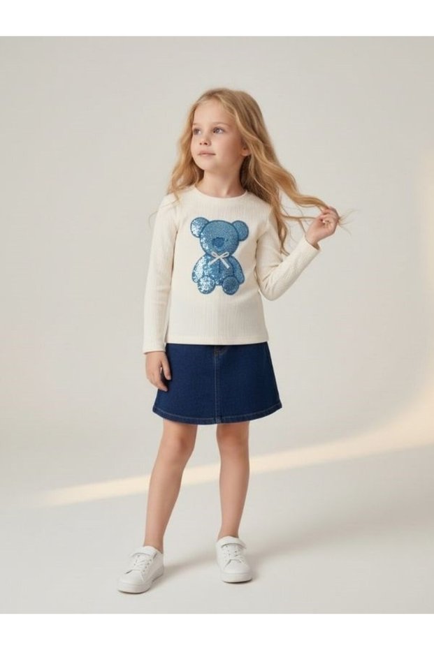Girl's Sequined Teddy Bear Detailed Long Sleeve Blouse