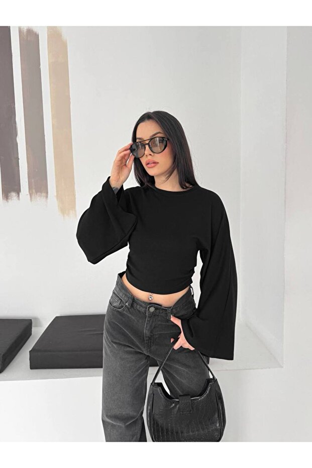 Batwing Sleeve Gathered Waist Blouse-Black Black