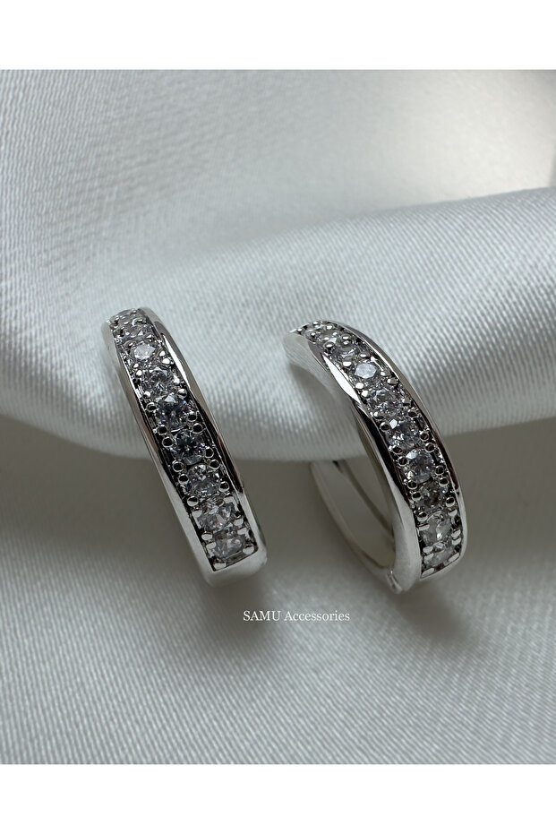 Single Row Zircon Stone Silver Hoop Earrings - Single Row Zircon Stone Silver Hoop Earrings