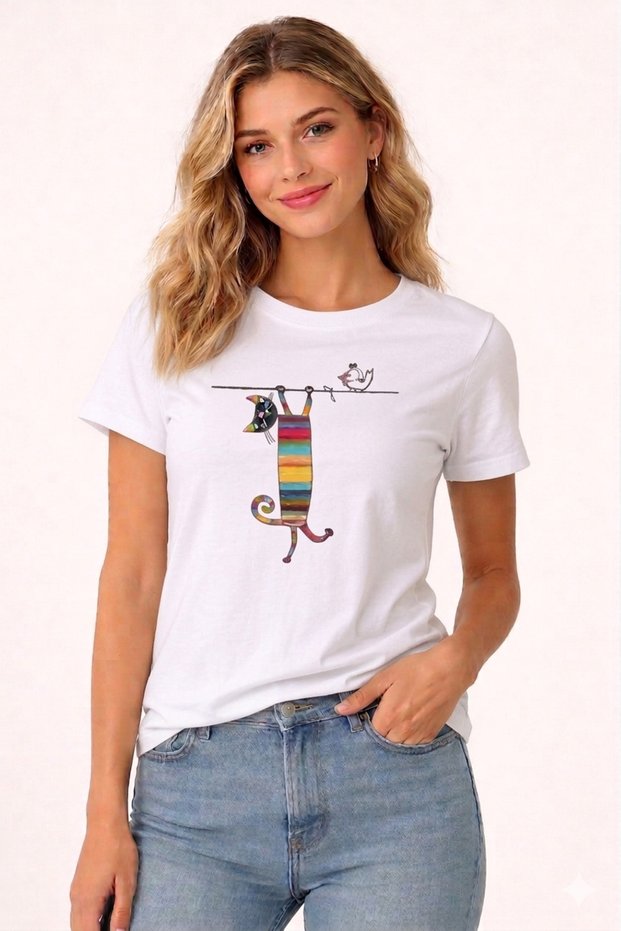 Oversize T-Shirt Cambaz Cat Printed 100% Cotton T-Shirt Comfortable Fit