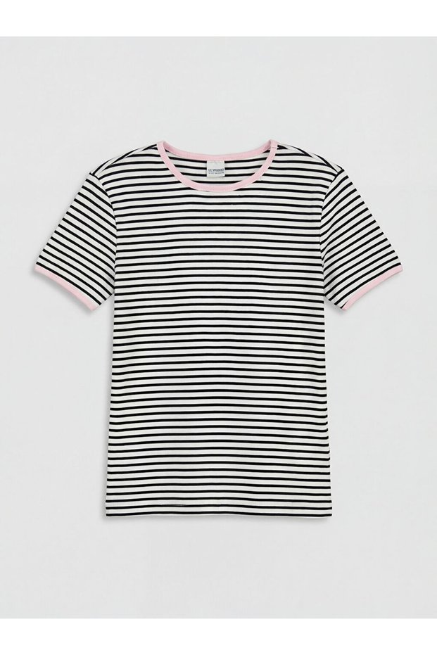 Lcw Kidswhite Crew Neck Striped Girls' T-Shirt