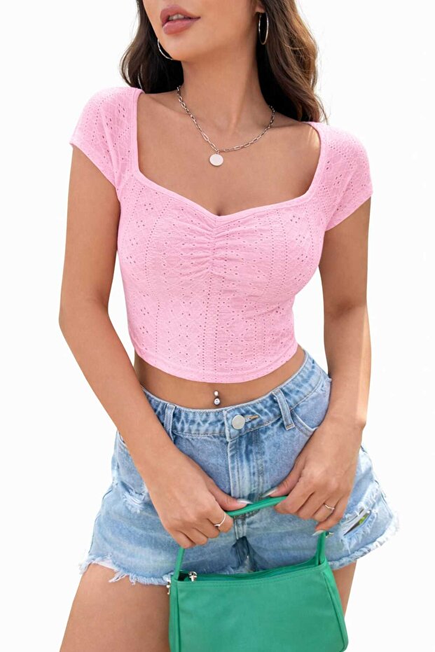 Gathered Front Crop Blouse with Scallop Detail