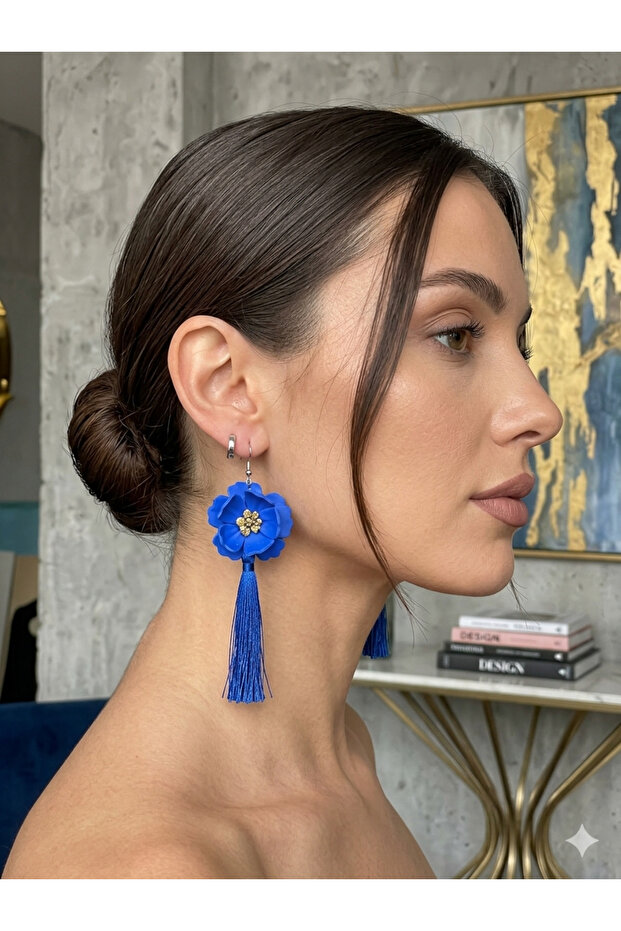 Bleu Royale Handmade Cobalt Blue Flower Earrings | Stylish Evening Earrings with Tassels