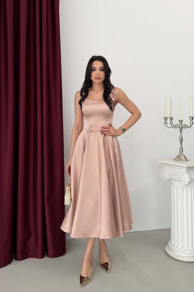Powder Square Neck Strap Belted Satin Midi Evening Dress