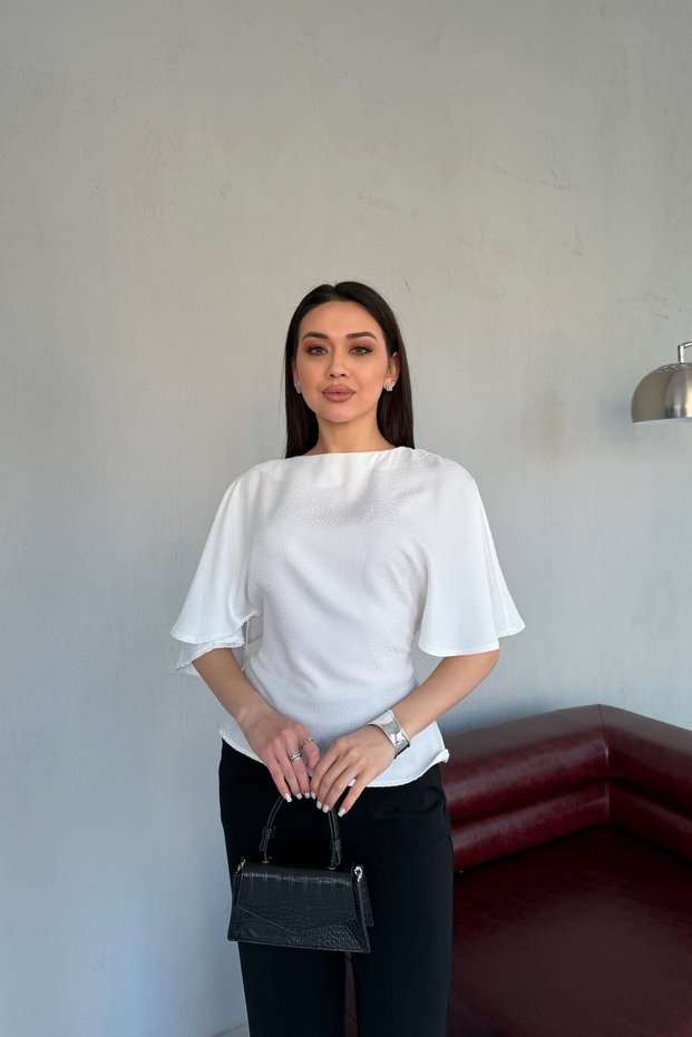 Ecru Back-Tie Flounce Sleeve Blouse