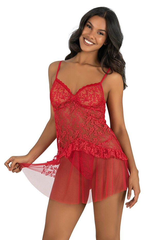 Women's, red, short tulle nightgown