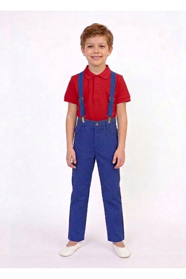 Boy's April 23 October 29 Collared T-Shirt -Cobalt Blue Pants and Suspender Set - Show Outfit