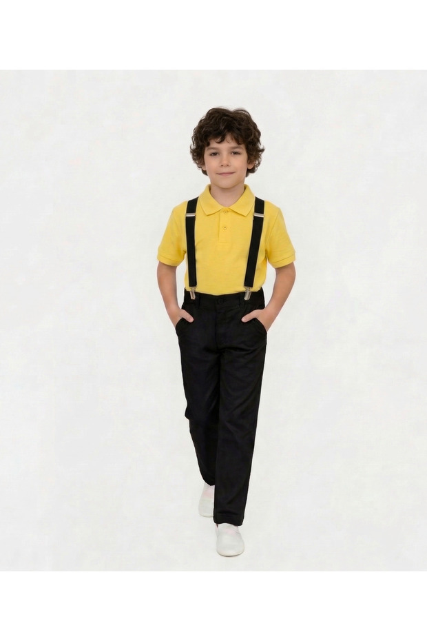 Boy's Black Trousers, Black Straps, Collared T-Shirt Set - April 23 - October 29 and Special Occasions