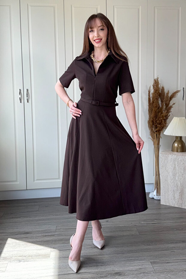 Shirt Collar Belted Adjustable Decolletage Elegant Midi Brown Dress