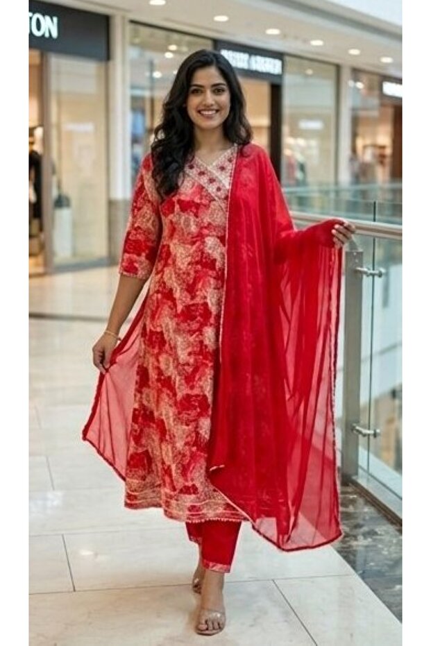 Women’s Rayon Printed Long Kurta Salwar Suit Set 3 Piece – Unstitched Ethnic Dress with Dupatta.