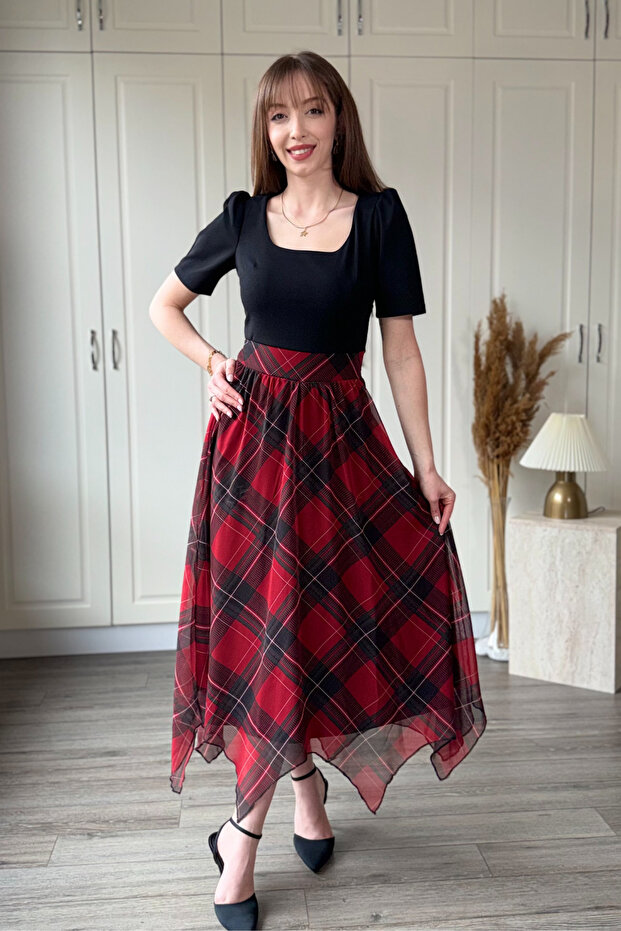 Red Plaid Pattern Padded U-Neck Midi Dress