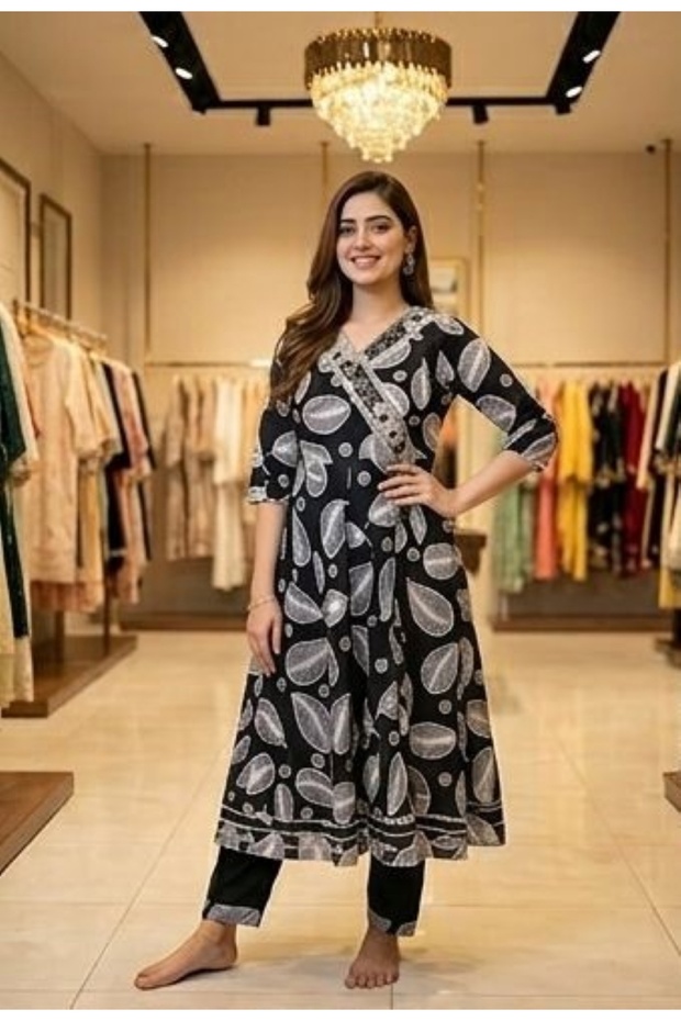 Women’s Rayon Printed Long Kurta Salwar Suit Set 3 Piece – Unstitched Ethnic Dress with Dupatta.
