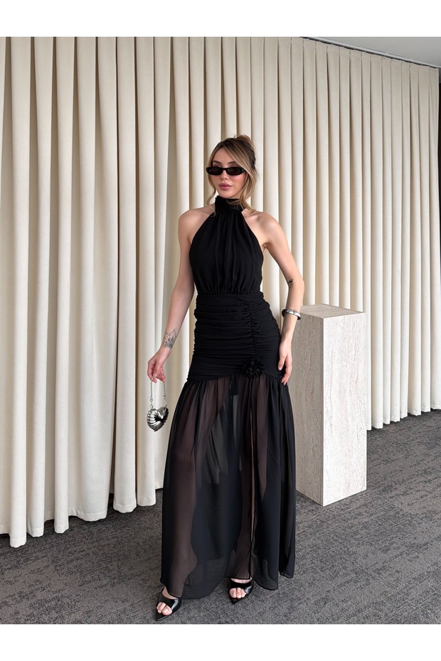 Black Rose Detailed Chiffon Dress - 2485