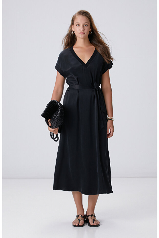 Siyah Cupro Elbise - 1