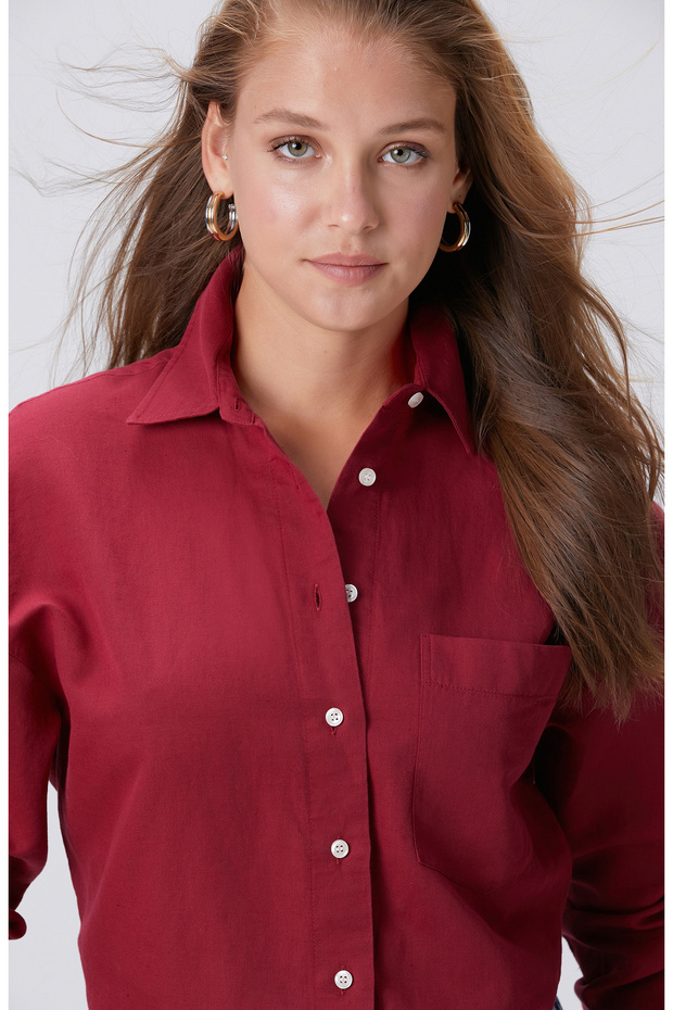 Vişne Cep Detaylı Basic Keten Mix Gömlek - 2