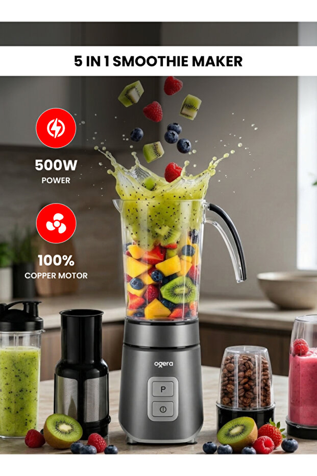 5‑in‑1 Smoothie Maker 500W | Personal Blender with Multiple Jars & Attachments | 100% Copper Motor
