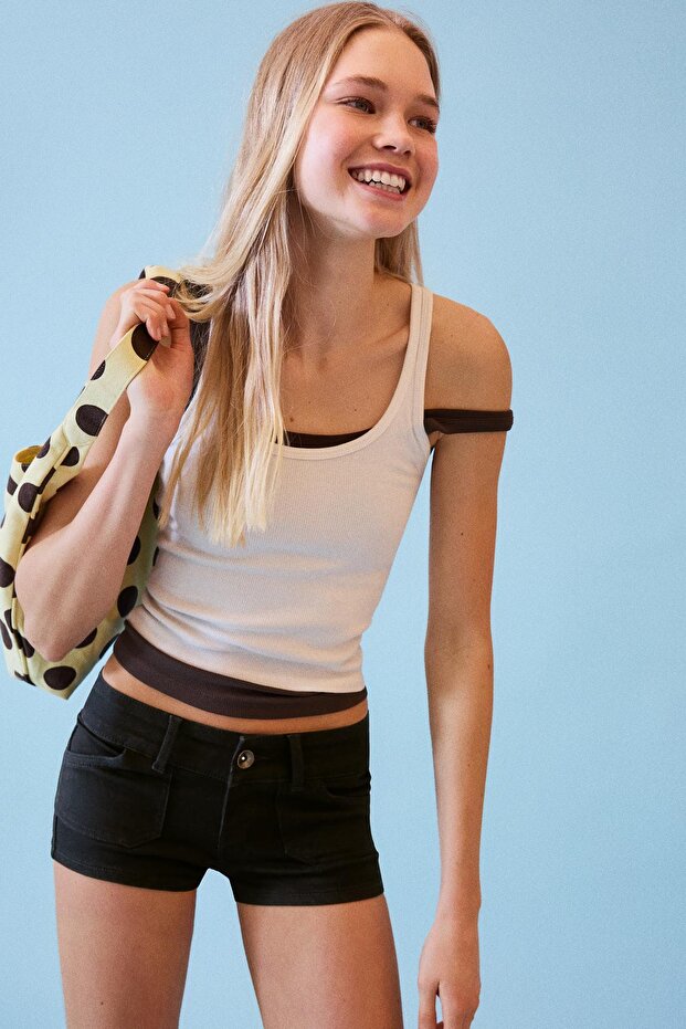 Kontrast mini denim şort - 5