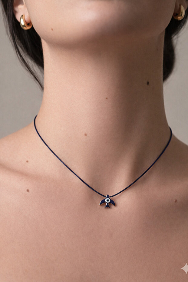 Handmade Adjustable Necklace with Swallow Figurine and Evil Eye Beads