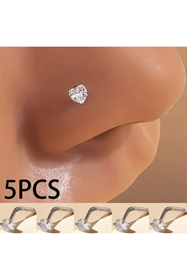1pcs 0.8x7x3m Titanium Steel Mini Heart L-Rod Nose Stud Exquisite Shiny Zirconia Nose Nostril Pierci