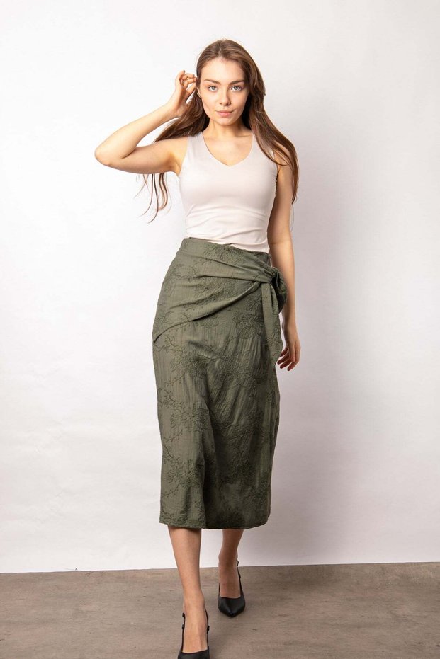 Women's Embroidered High Waist Tie Skirt Kiloş Midi Length Below the Knee Skirt-Khaki