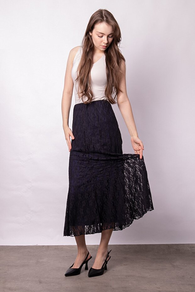 Women's Lined Lace-Tulle High Waist Slim Fit Long Below Knee Fish Cut Skirt-Dark Navy Blue
