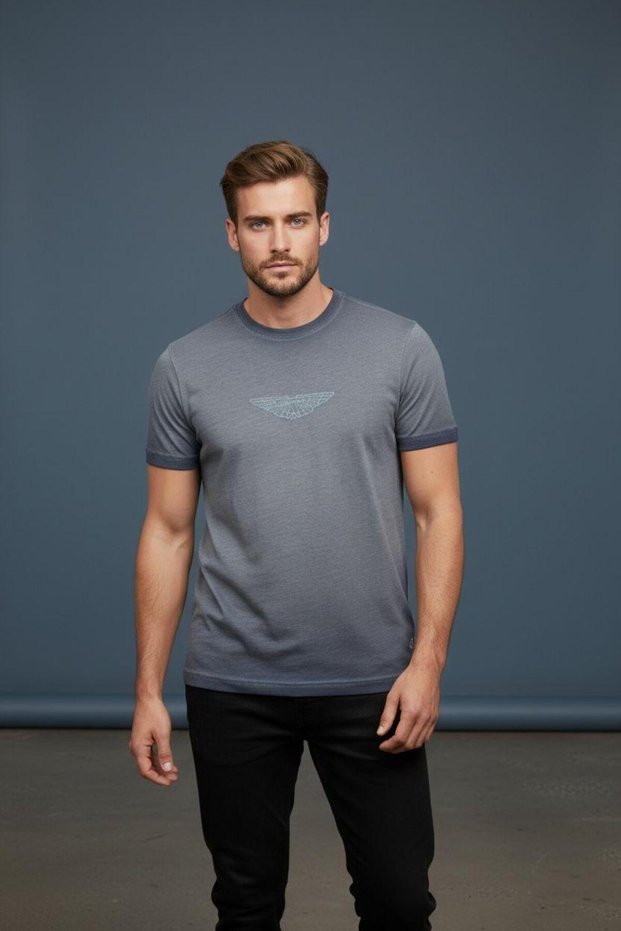 Men's Printed Single Jersey Fabric Basic T-Shirt Slim Fit Cotton Men's T-Shirt Color:Indigo-180