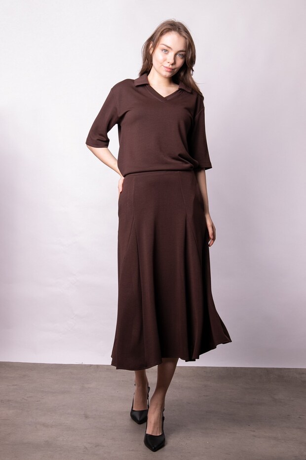 Women's Soft Textured Stretchy Fabric V-Neck Collar Off Shoulder Elbow Length Sleeves Oversize Blouse-Coffee