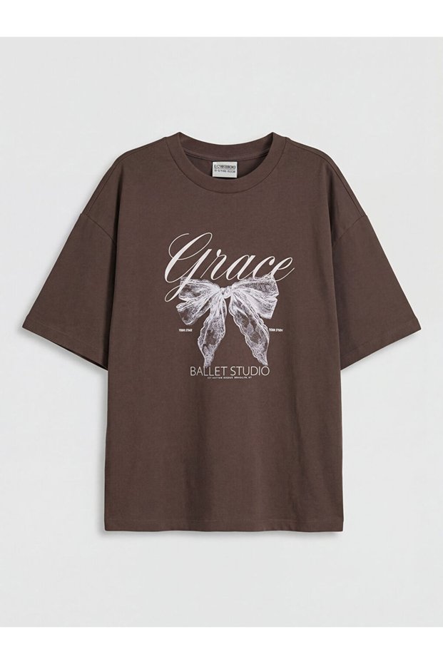 Lcw Kids Brown Crew Neck Printed Girls' T-Shirt