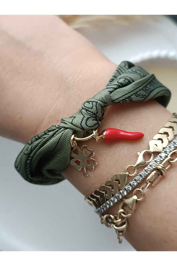 Chili Red Hot Pepper Clover Luck Scarf Bracelet Bandana Khaki Green Fabric Bracelet Handmade