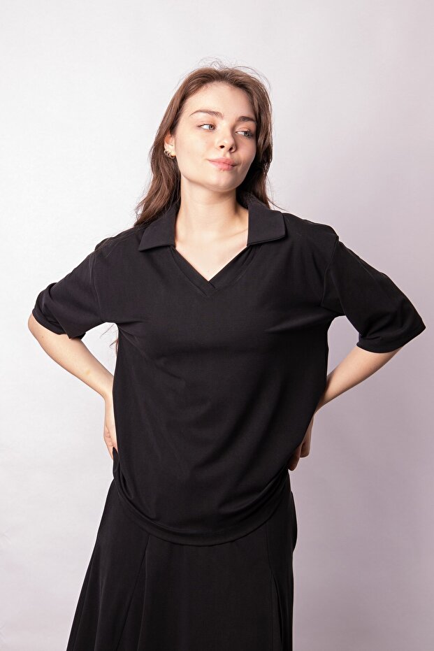 Women's Soft Textured Stretchy Fabric V-Neck Collar Off Shoulder Elbow Length Sleeve Oversize Blouse-Black