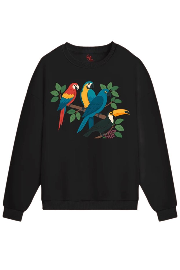 Tropical Colors – Parrot & Toucan Printed Sweatshirt / Hoodie (Optional)