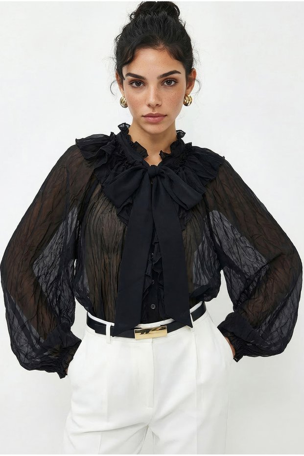 Women's Black Collar Tie-Up Shirt with Flywheel Detail and Wrinkle Effect 0943 60286055
