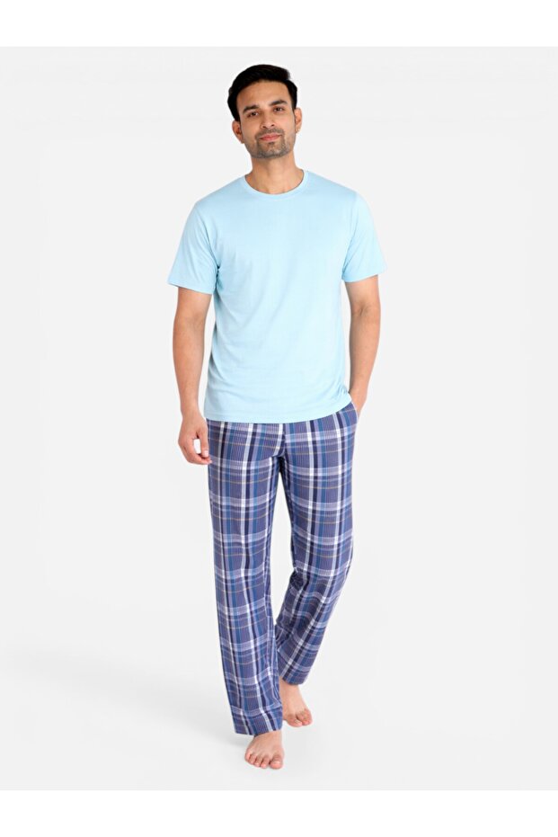 LT Blue Checkered Short Sleeve Jersey Pyjamas Set (100% Cotton)