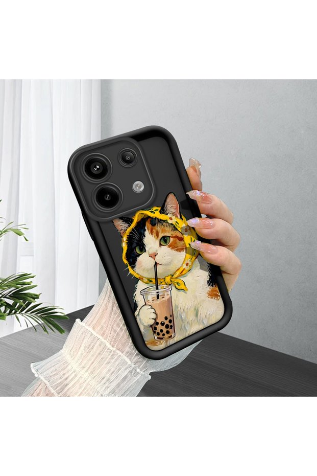 Redmi Note 13 Pro 5g Compatible Silicone Shock-Absorbing Phone Case with Milk Tea Cat Figure