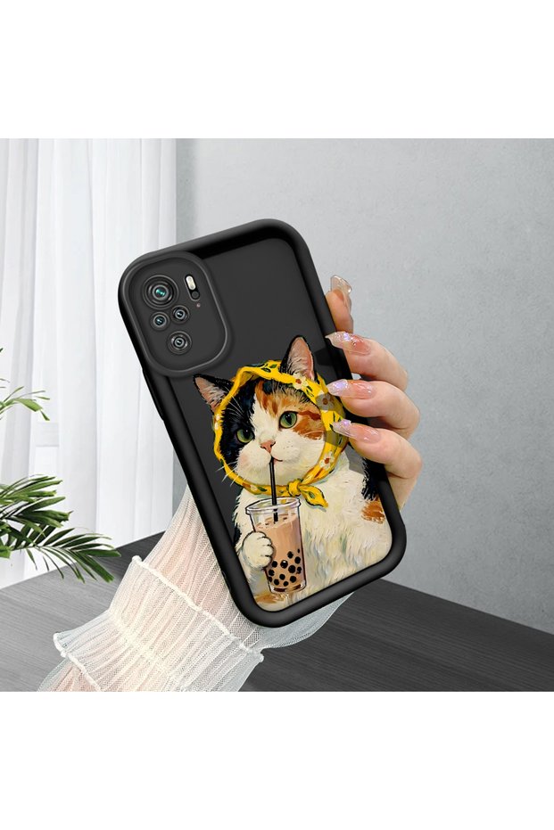 Poco M5S Compatible Silicone Shock-Absorbing Phone Case with Milk Tea and Cat Figures