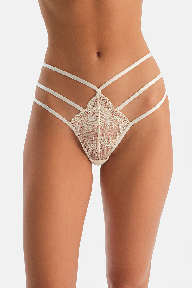 Ekru Dantelli G-String Külot - 5