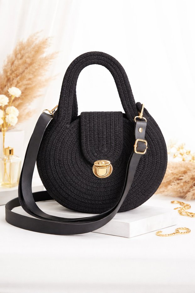 Handmade Black Knitted Women's Bag – Stylish Design Shoulder & Hand Bag with Gold Buckle