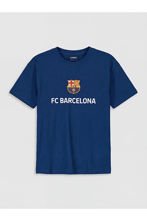 Navy Blue Crew Neck Fc Barcelona Printed Boys' T-Shirt