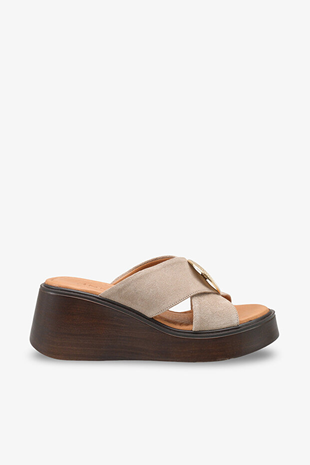 Rubi Women's Genuine Leather Padded Slippers - Beige Suede