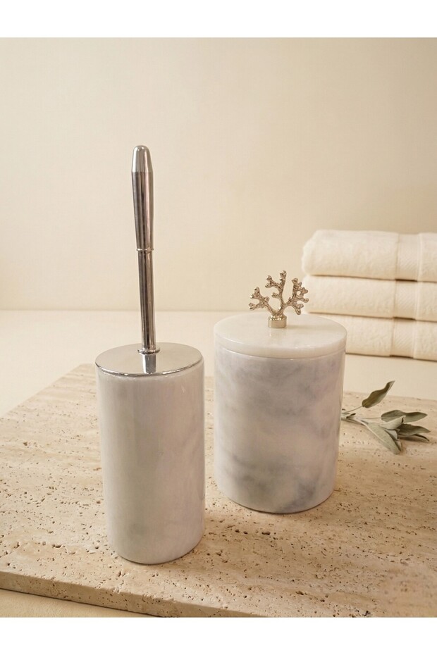 Natural Marble Trash Can / Toilet Brush Holder Set of 2 Coral Silver