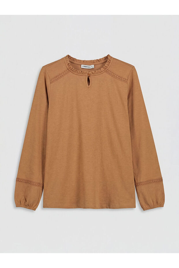 Brown Crew Neck Embroidered Blouse