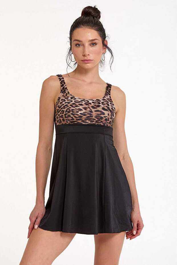 ملابس سباحة بنقشة الفهد مع فستان أسود-0341-3021