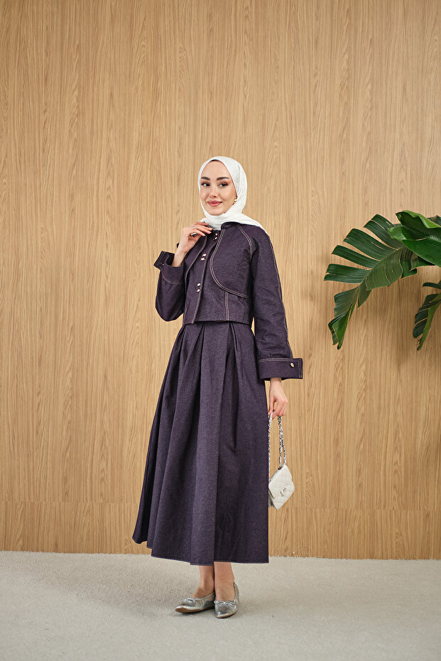 Women's Cape Detailed Gold Buttoned Denim Suit Plum