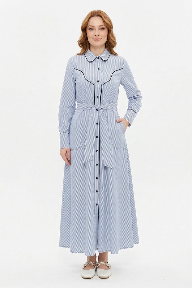 Piping Detail Striped Dress 13270 Navy Blue